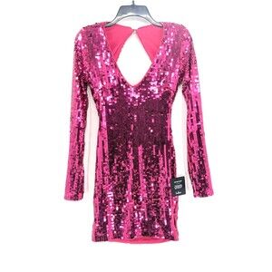 Lulus Glowing Sensation Magenta Sequin Mini Bodycon Open Back Dress Size Small